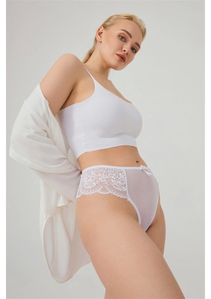Dantelli Tül Detaylı Büyük Beden Kadın Brezilya Kilot--Beyaz