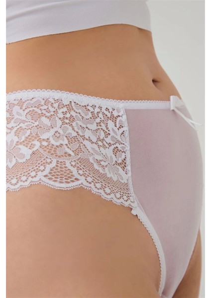 Dantelli Tül Detaylı Büyük Beden Kadın Brezilya Kilot--Beyaz fiyatları