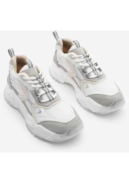 Kadın Sneaker Kalın Taban Bağcıklı Çok Parçalı Spor Ayakkabı Mizon Beyaz indirimleri