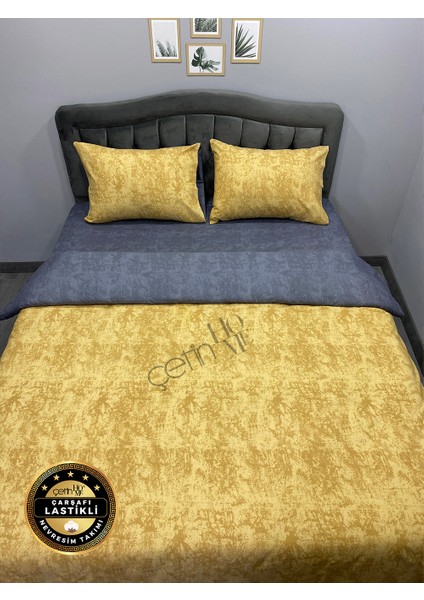 Çetinhome Çarşafı Lastikli Çift Kişilik Nevresim Takımı Gölge Gold Antrasit