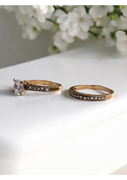 Tam Tur Işlemli & Tek Taş Ikili Yüzük Seti