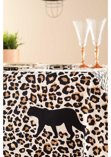 Pamuklu, Leopar Desenli Sıvı Geçirmez, Leke Tutmaz Özel Kumaş Masa Örtüsü 145 x 225