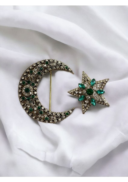 Zümrüt Yeşili Taşlı Hilal ve Yıldız Broş