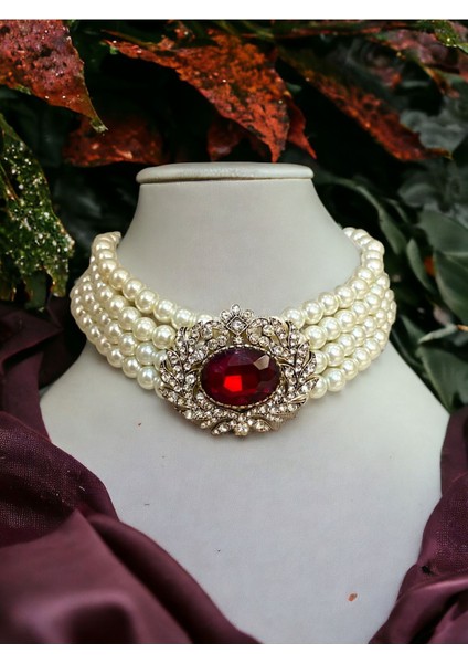 Kristal Taşlı Chooker Inci Tasma Kolye