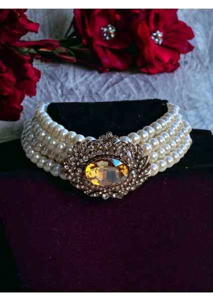 Kristal Taşlı Chooker İnci Tasma Kolye