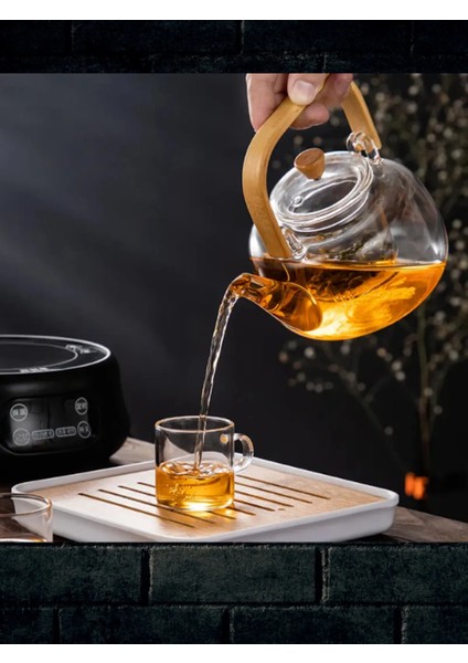 Bambu Saplı Isıya Dayanıklı 1000 ml Süzgeçli Cam Demlik Bitki Çayları , Borosilikat ,sürahi