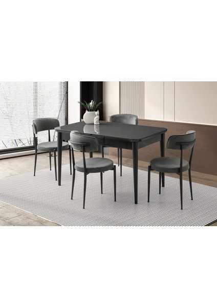 Ortadan Açılır Büyüyen 70 x 120 cm Koyu Gri Ahşap Salon Yemek Masa Gri Gözde Sandalye Takımı 4 Sandalyeli