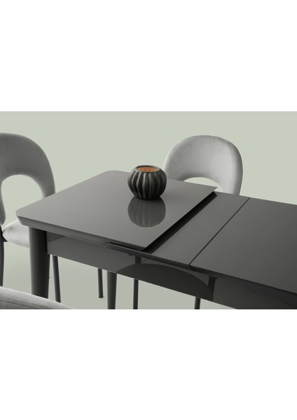 Ortadan Açılır Büyüyen 70 x 120 cm Koyu Gri Ahşap Salon Yemek Masa Gri Gözde Sandalye Takımı 4 Sandalyeli
