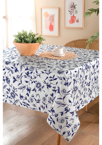 Mavi Çiçek Desenli, Sıvı Geçirmez,leke Tutmaz,özel Kumaş Tasarımlı Masa Örtüsü 145 x 225