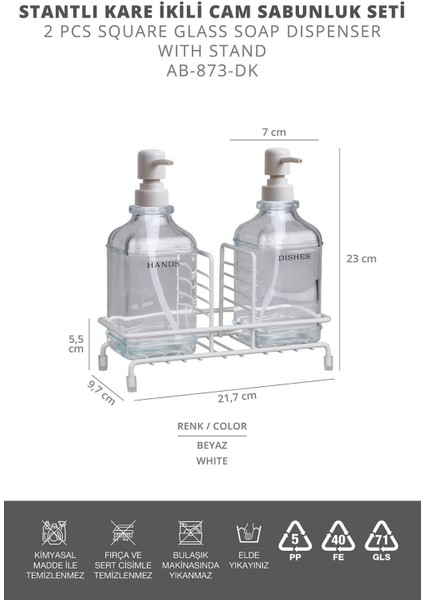 Beyaz Pompalı ve Standlı İkili Kare Cam Sıvı Sabunluk 500 ml