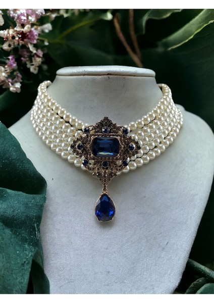 Baget ve Su Damlası Taşlı Inci Choker Kolye