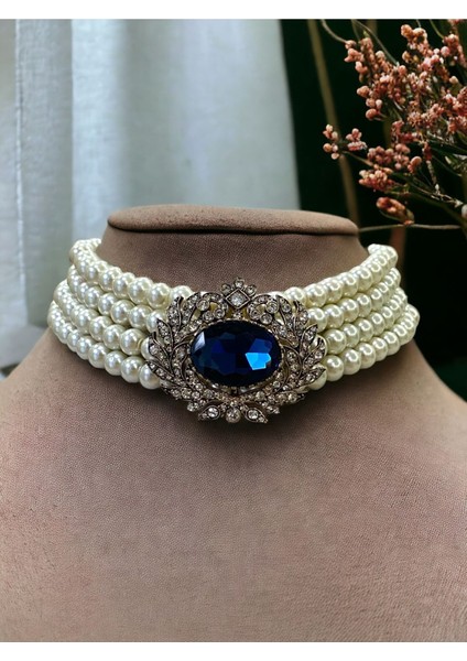 Kristal Taşlı Chooker İnci Tasma Kolye