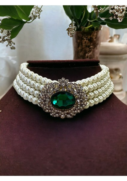 Kristal Taşlı Chooker İnci Tasma Kolye