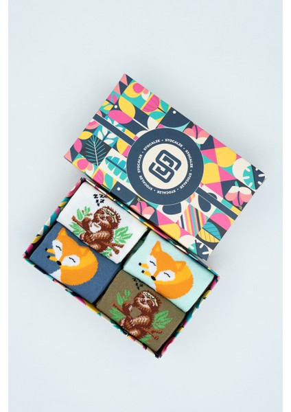 Unisex Pamuklu Tilki Koala Özel Desenli 4 Farklı Renkli Esnek Terletmez Rahat Soket Çorap