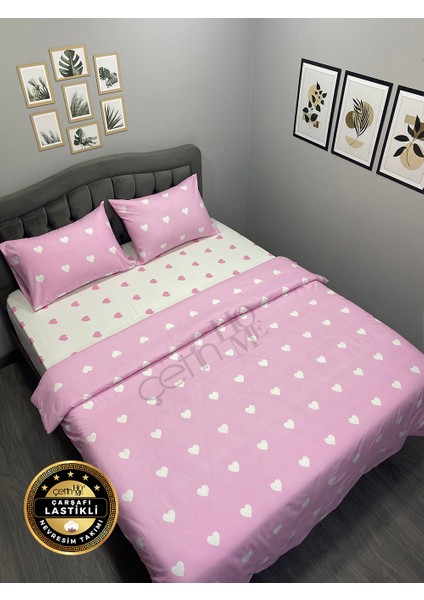 Çetinhome Çarşafı Lastikli Çift Kişilik Nevresim Takımı Pink Kalp