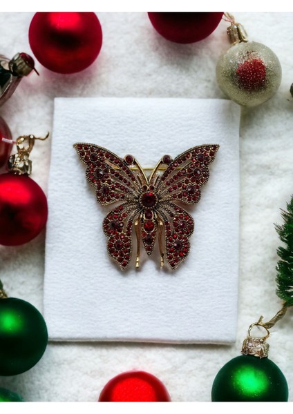 Kırmızı Kristal Taşlı Kelebek Broş