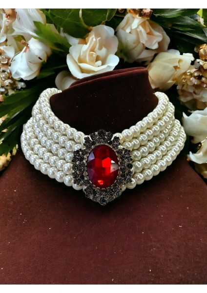 Kristal Taşlı Chooker Tasma İnci Kolye