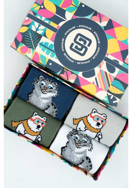 Unisex Pamuklu Kedi ve Ayı Özel Desenli 4 Farklı Renkli Esnek Terletmez Rahat Soket Çorap