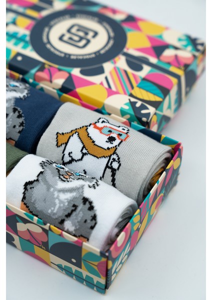 Unisex Pamuklu Kedi ve Ayı Özel Desenli 4 Farklı Renkli Esnek Terletmez Rahat Soket Çorap