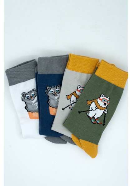 Unisex Pamuklu Kedi ve Ayı Özel Desenli 4 Farklı Renkli Esnek Terletmez Rahat Soket Çorap