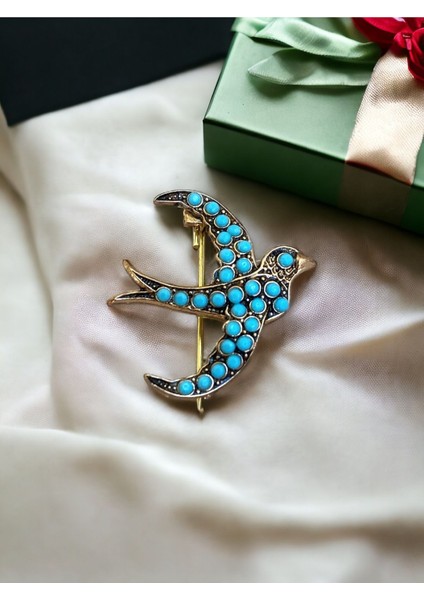 Inci Işlemeli Kırlangıç Kuşu Broş