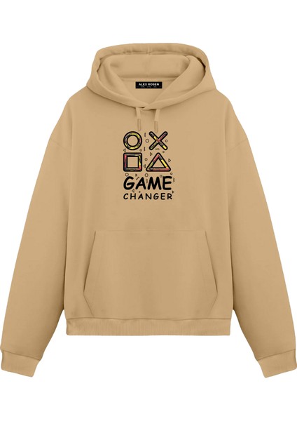 Game Changer Baskılı Mor Unisex Oversize Fit Pamuklu Kapüşonlu Sweatshirt