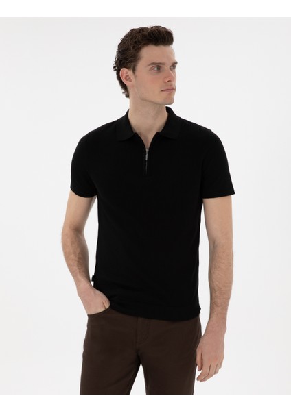 Erkek Siyah Slim Fit Fermuarlı Polo Yaka Triko Tişört 50303605-VR046