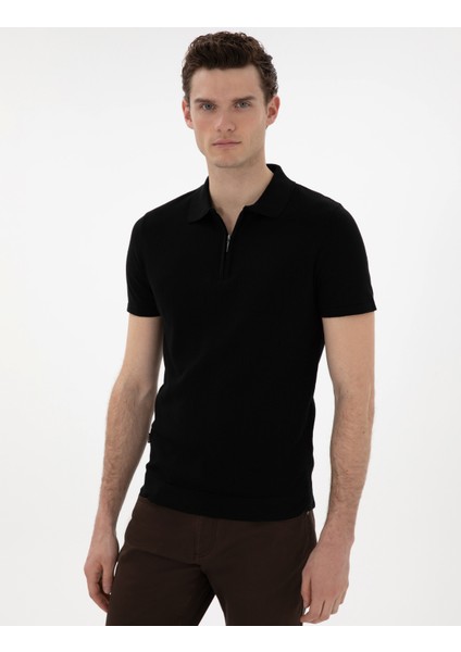 Erkek Siyah Slim Fit Fermuarlı Polo Yaka Triko Tişört 50303605-VR046