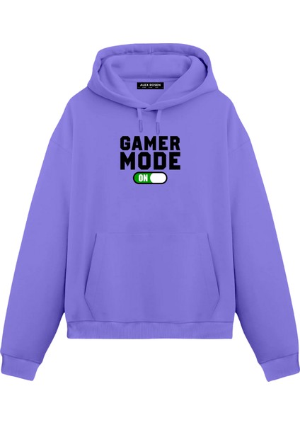 Gamer Baskılı Mor Unisex Oversize Fit Pamuklu Kapüşonlu Sweatshirt