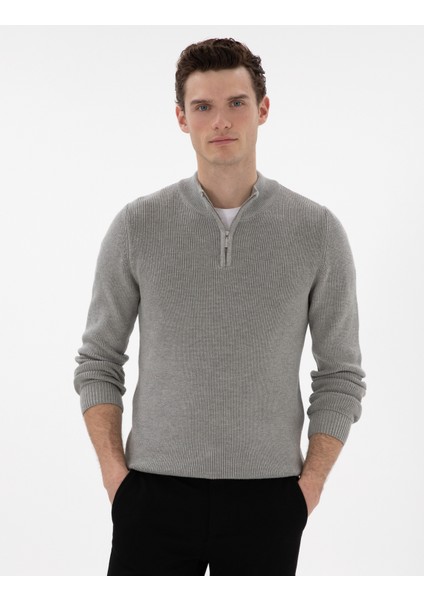 Erkek Gri Melanj Slim Fit Fermuarlı Dik Yaka Kazak 50297123-VR159