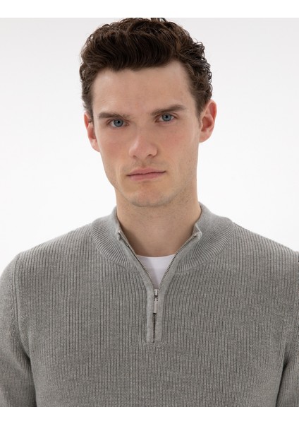 Erkek Gri Melanj Slim Fit Fermuarlı Dik Yaka Kazak 50297123-VR159 fiyatları