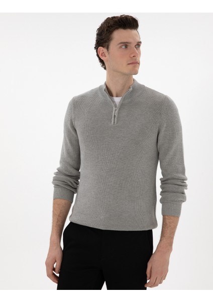 Erkek Gri Melanj Slim Fit Fermuarlı Dik Yaka Kazak 50297123-VR159 modelleri