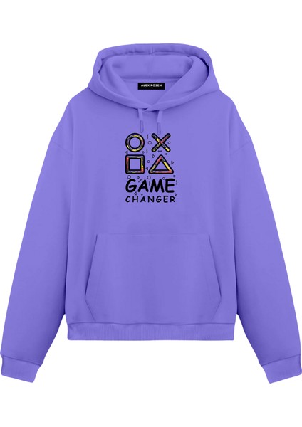 Game Changer Baskılı Mor Unisex Oversize Fit Pamuklu Kapüşonlu Sweatshirt