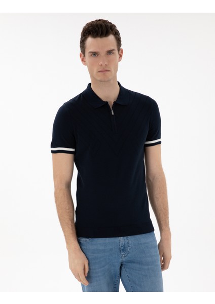 Erkek Lacivert Slim Fit Fermuarlı Polo Yaka Triko Tişört 50303473-VR033