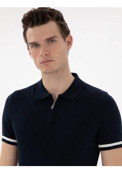Erkek Lacivert Slim Fit Fermuarlı Polo Yaka Triko Tişört 50303473-VR033