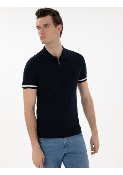 Erkek Lacivert Slim Fit Fermuarlı Polo Yaka Triko Tişört 50303473-VR033
