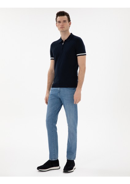 Erkek Lacivert Slim Fit Fermuarlı Polo Yaka Triko Tişört 50303473-VR033