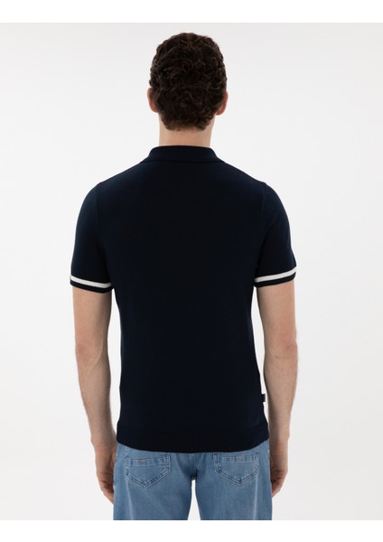 Erkek Lacivert Slim Fit Fermuarlı Polo Yaka Triko Tişört 50303473-VR033