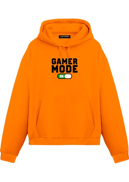 Gamer Baskılı Turuncu Unisex Oversize Fit Pamuklu Kapüşonlu Sweatshirt