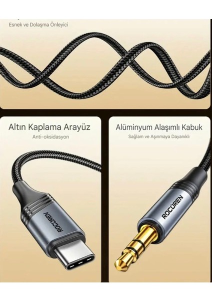 2-Metre Type-C To 3.5mm Aux Kablo Dac Çip+Hi-Fi Ses Ce+FC+RoHS Sertifikalı Hasır Örgülü Sağlam Ses Kablosu Telefon/Araba/Tablet