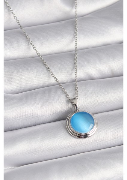 316L Çelik Gümüş Renk Mavi Sedefli Daire Model Kadın Kolye - TJ-BKO9424