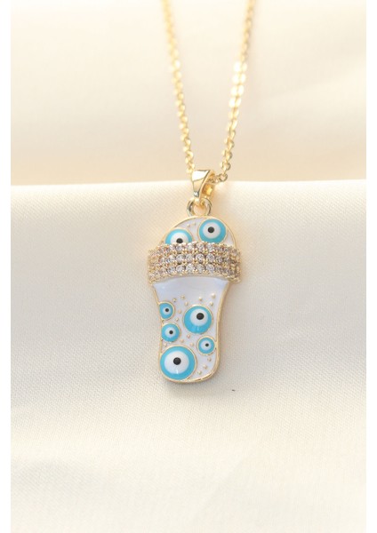 316L Zinciri Çelik Zirkon Taşlı Renk Nazar Boncuklu Terlik Kolye - TJ-BKO8496