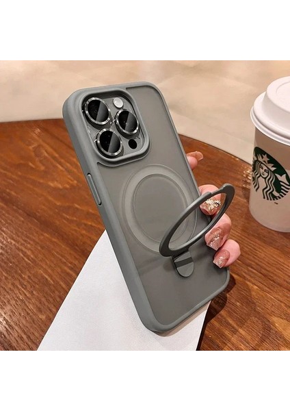 Apple iPhone 15 Plus Buzlu Titanyum Lens Korumalı Standlı Telefon Kılıfı