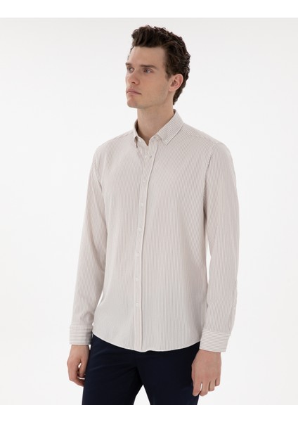 Erkek Bej Slim Fit Çizgili Uzun Kollu Gömlek 50301583-VR011