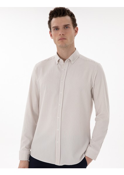 Erkek Bej Slim Fit Çizgili Uzun Kollu Gömlek 50301583-VR011 modelleri