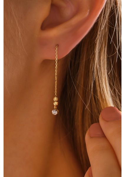 14 Ayar Altın Mini Dorika Toplu Pırlanta Küpe Efektli