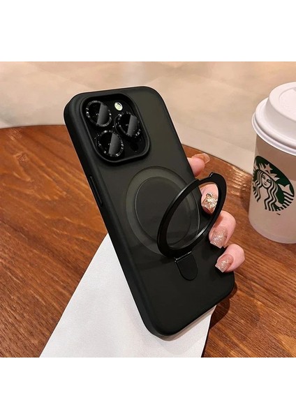 Apple iPhone 13 Pro Buzlu Siyah Lens Korumalı Standlı Telefon Kılıfı