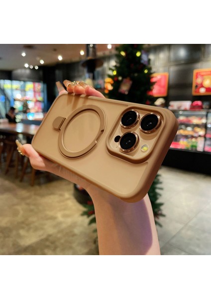 Apple iPhone 15 Plus Buzlu Çöl Titanyum Lens Korumalı Standlı Telefon Kılıfı