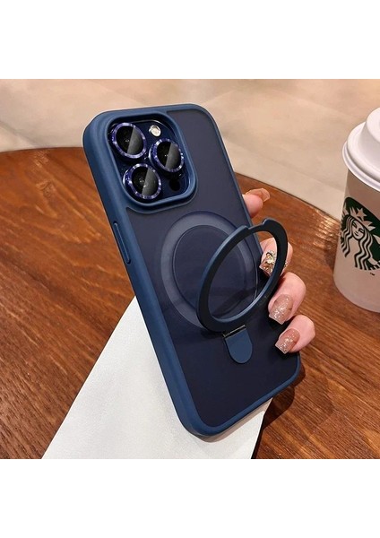 Apple iPhone 14 Plus Buzlu Lacivert Lens Korumalı Standlı Telefon Kılıfı