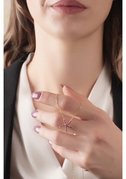 925 Ayar Gümüş, Gold Kaplamalı Ruby Taşlı Deniz Yıldızı Kolye